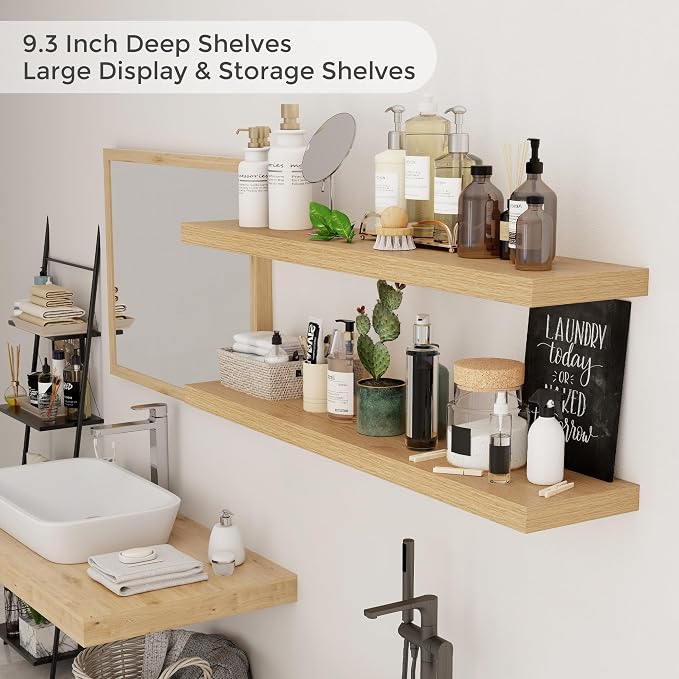 Floating Shelves for Wall, 48 inch Oak Floating Shelves 2 Packs, 9.3in Deep Wall Mounted Floating Shelf, Extra Long Storage Shelf for Living Room, Bathroom, Kitchen, Office, Floating TV Stand