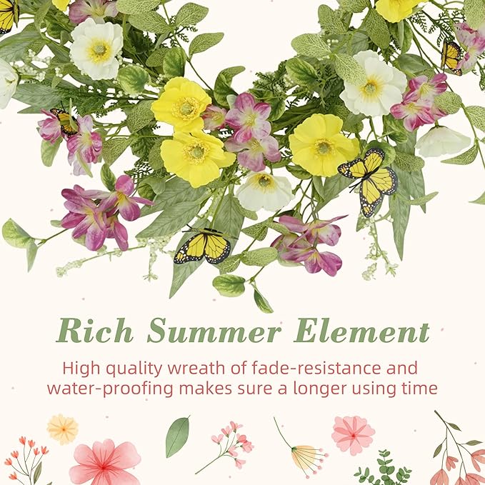 YNYLCHMX 18" Spring Summer Wreaths for Front Door, Artificial Wreath with Yellow Daisies Green Eucalyptus Leaves Butterflies, Green Foliage Wreath for Wall Window Farmhouse Party Holiday Home Decor