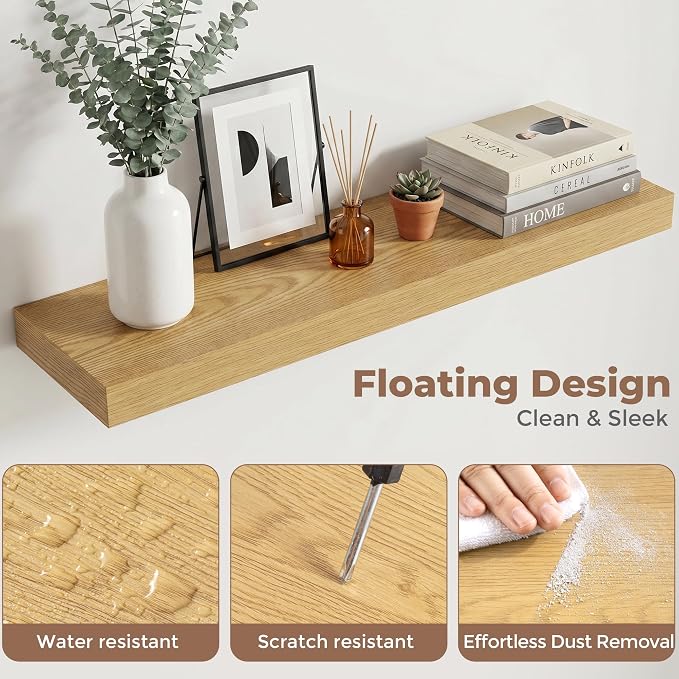 32 Inch Floating Shelves for Wall, 8"D Wood Storage Shelves, Oak Finish | Engineered Wood, Invisible Bracket, Large Storage, Easy Install, Hold Up to 55lbs, Living Room, Bathroom, Bedroom, Kitchen