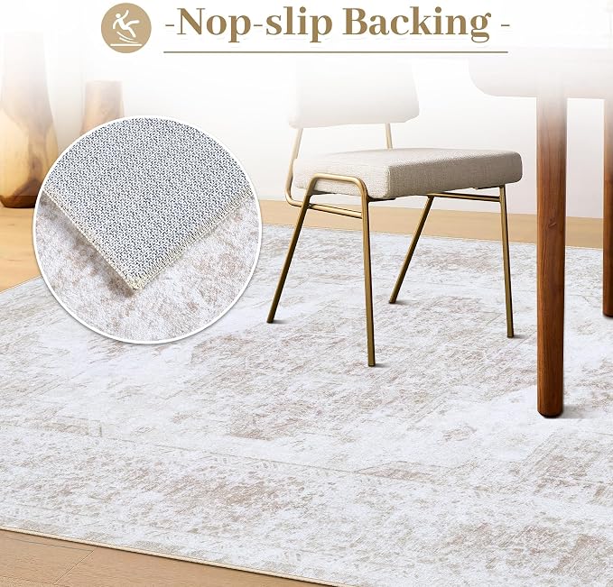 XLUEZ Area Rug 9x12 Living Room Rug, Machine Washable Vintage Distressed Medallion Rug Non-Slip Soft Low Pile Large Indoor Rugs for Bedroom Kitchen Dining Room Office(Beige,9'x12')