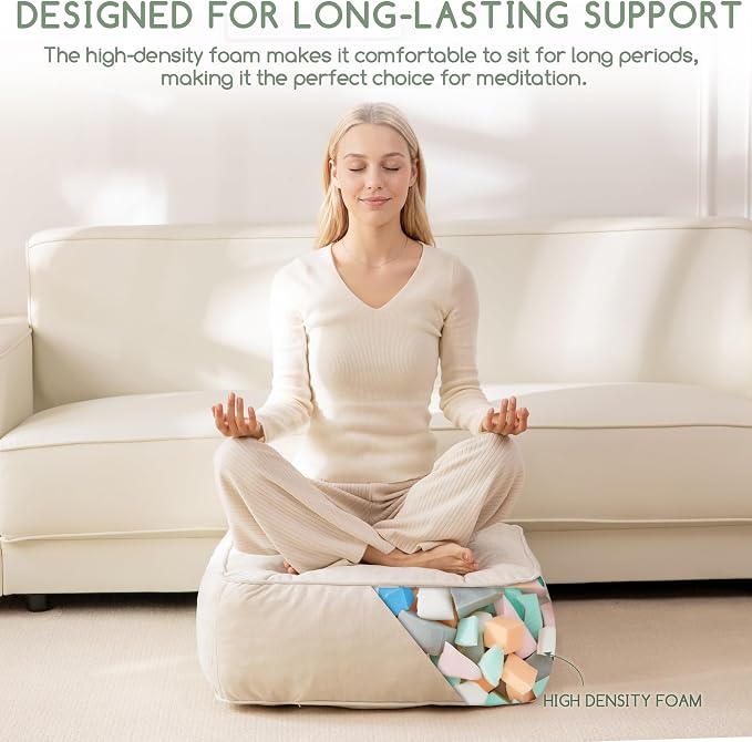 HIGOGOGO 8" Extra Thick Floor Pillow Cushion for Adults, Meditation Cushion Pillow with Handle, Lustrous Chenille Tufted, Square Floor Sitting for Tatami Living Room or Yoga, 22x22 Inch, Beige