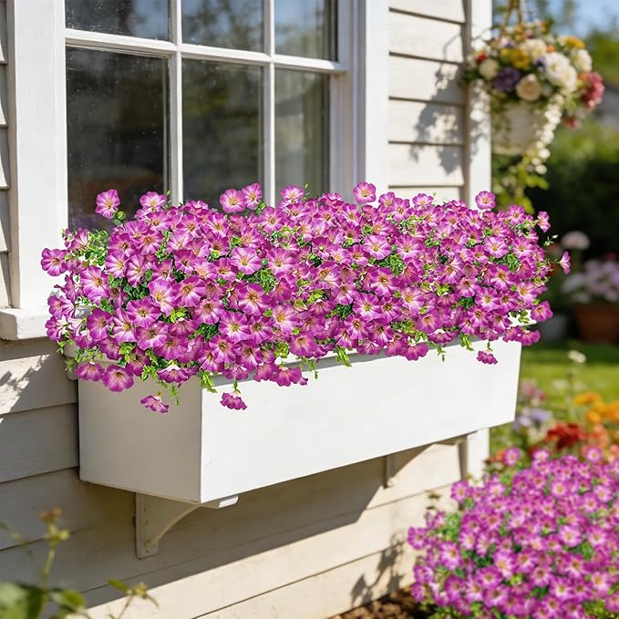 Ouddy Decor 24 Bundles Artificial Flowers for Outdoors, Fake Petunias Flowers Silk Morning Glory with Eucalyptus Faux Plants for Indoor Outside Spring Summer Yard Garden Porch Home Decor, Light Purple