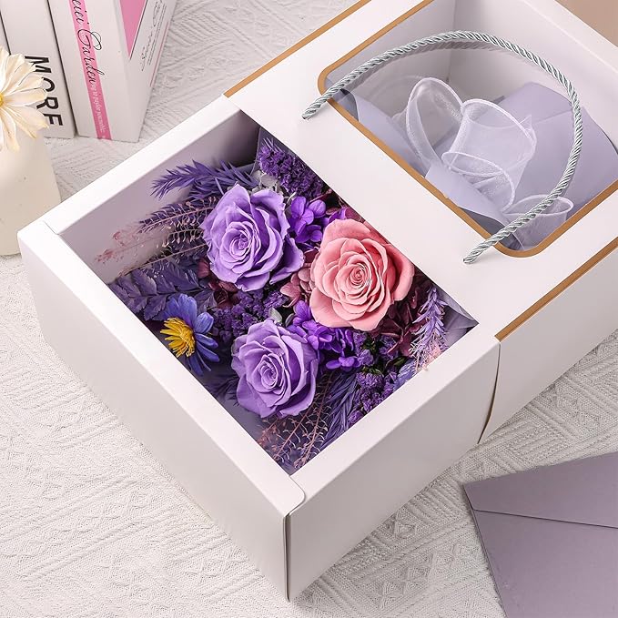 Flowers for Delivery Prime, Mothers Day Gifts for Mom, Preserved Flower Bouquet, Purple Roses Birthday Gifts for Women Her Wife Girlfriend Grandma, Real Forever Flower for Valentines Day Anniversary