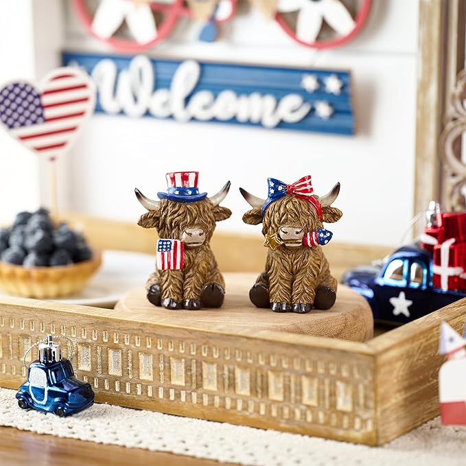 Valery Madelyn 4th of July Highland Cow Decorations, Memorial Day Decoration for Home Decor, Medium 2Pcs Patriotic High Mountain Yak Figurines USA 250th Anniversary Decorations, Independence Day