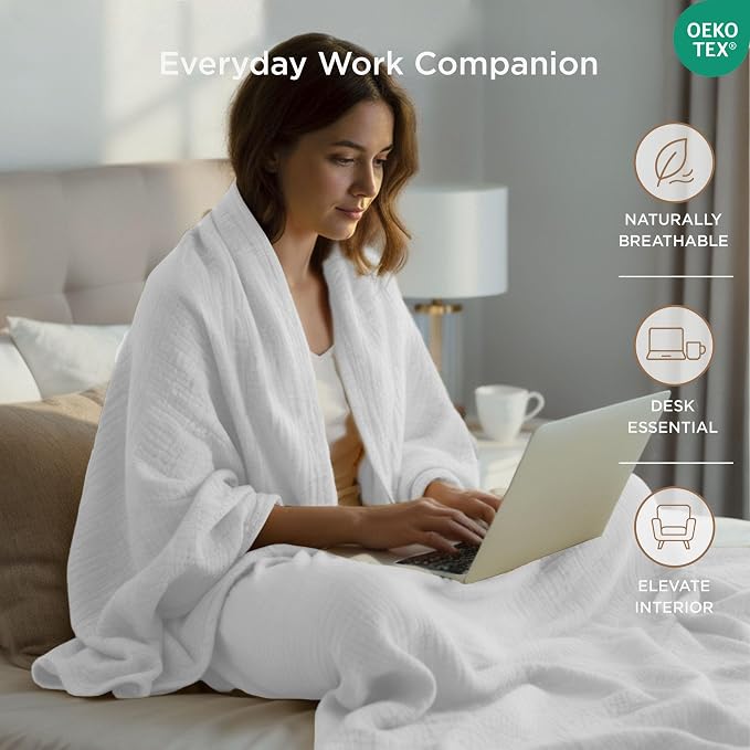 Threadmill Muslin Throw Blanket | 4 Layer 100% Cotton Gauze | Lightweight, Breathable, and Soft All Season Blanket | 50 x 65 Cozy Throw for Sofa, Couch & Bed | White