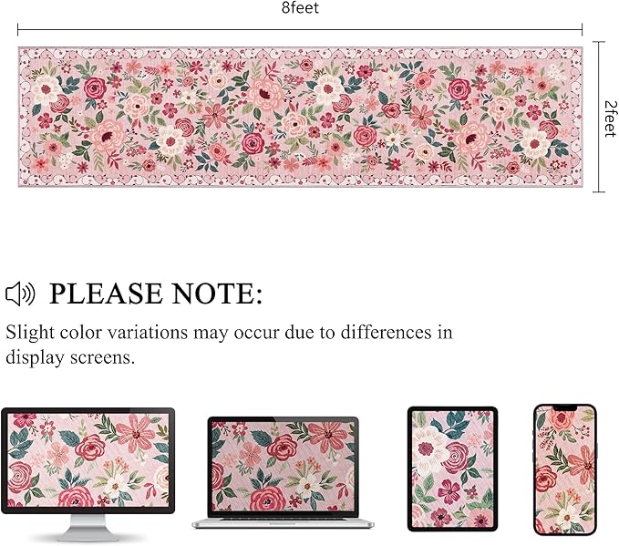 DUKINO 2x8 Runner Rug for Hallway, Washable Kitchen Runner Rug with Rubber Backing Non Slip, Low Pile Soft Boho Floral Thin Carpet for Entryway, Hallway, Bathroom, Laundry Room, Pink