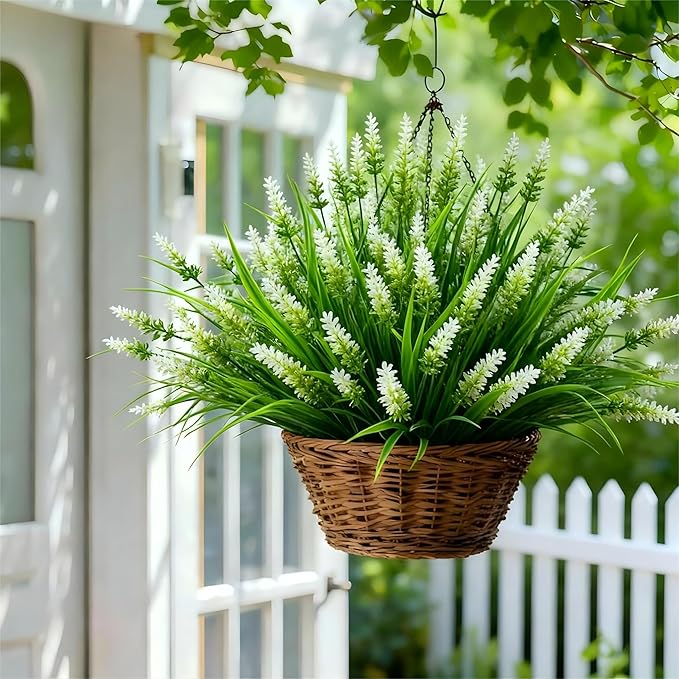 Geegoods Artificial Plants Flowers Outdoor – 24 Bundles UV Resistant Faux Lavender Flowers with Monkey Grass for Garden Porch Window Patio Hanging Planter Decor