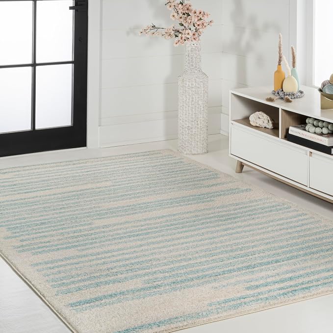JONATHAN Y Khalil Modern Berber Stripe Cream/Turquoise Indoor Area Rug, 4x6, Contemporary, Bohemian, Easy-Cleaning for Living Room, Bedroom, Kitchen, Pet Friendly, Non-Shedding (MOH207B-4)