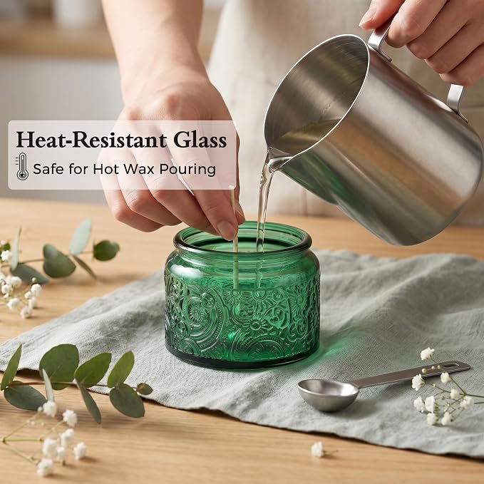 4 oz Green Sun Moon Stars Candle Jars with Bamboo Lids, 18 Pack | Patented Embossed Design, Includes Wick Centering Devices & Warning Labels, Multiple Color Options