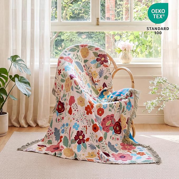 MSGKV Boho Throw Blanket for Couch 100% Cotton Floral Blanket 50"x60" Sofa Bed Chair Blanket All Seasons Lightweight Farmhouse Muslin Summer Breathable Blankets Home Decor