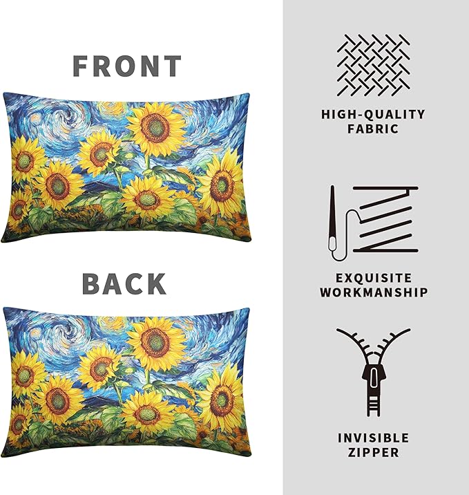 Sunflower Lumbar Pillow Covers 12x20 Set of 2 Van Gogh Starry Night Throw Pillow Covers Oil Painting Sunflowers Pillow Case Spring Summer Cotton Linen Cushion Case for Sofa Garden Patio