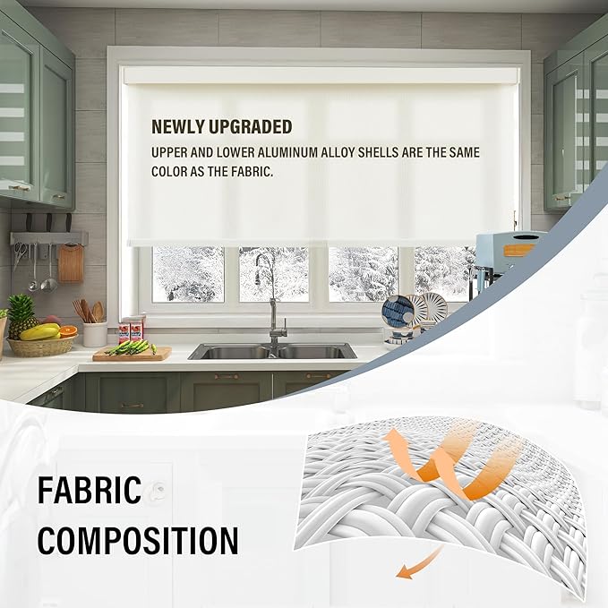 AOSKY Light Filtering Roller Shades Cordless Blinds for Windows, 1% Openness Free-Stop Shades with Valance, Thermal Insulated Fabric, UV Protection, Natural Woven Blinds（44" W x 72" H, Ivory）