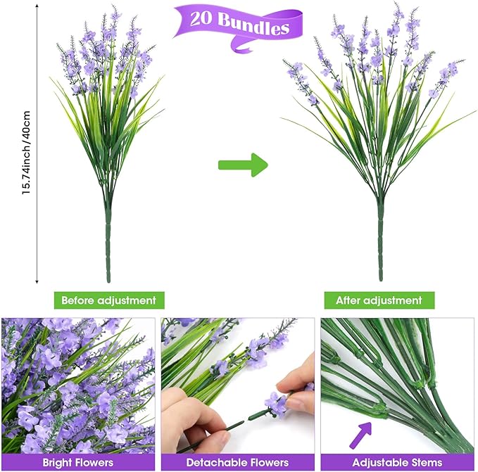 20 Bundles Artificial Lavender Flowers for Outdoors Fake Silk Flowers Faux Plants UV Resistant for Indoor Outside Spring Porch Garden Window Table Box Office Home Decorations, Purple