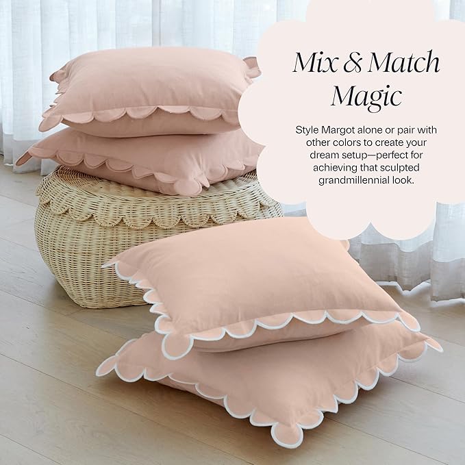 BEBE BASK Scalloped Pillow Cover - Set of 2-18 x 18 Inch - Scallop Pillow Covers – Peach Pink Scalloped Pillows - Scallop Pillows - 100% Cotton - Grandmillennial Style (Peach Pink/White)