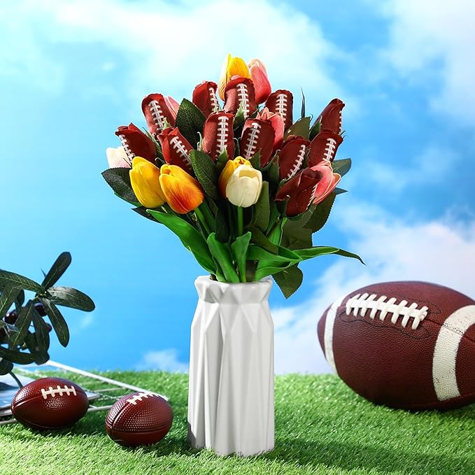 Suhine 12 Pcs Artificial Football Rose Flowers Sports Party Favors Bulk for Birthday Graduation Wedding Party Decorations Table Centerpieces Game Day Tailgate Senior Night Gift(Football Color, Normal)