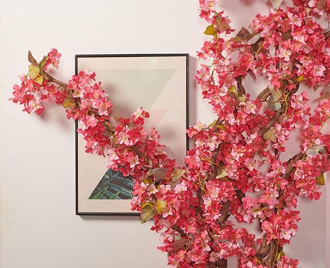 PONKING Flower Garland, Artificial Hydrangea Vine Flowers, Hanging Fake Hydrangeas Vine for Room Anniversary Wedding Birthday Christmas Wall Arch Decor, 2 Pcs, Floral Garland, Dark Pink Flower