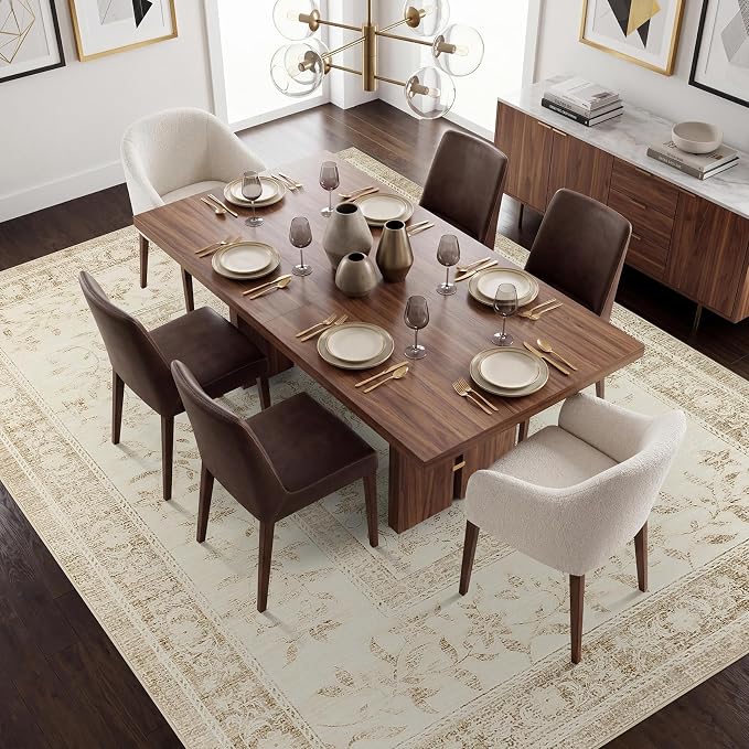 GarveeHome Vintage Beige Area Rug 9x12 for Living Room Washable Cottage Core Retro Farmhouse Low-Pile Non-Slip Large Carpet for Bedroom Dining Room Home Office TPE Backing Indoor Decor