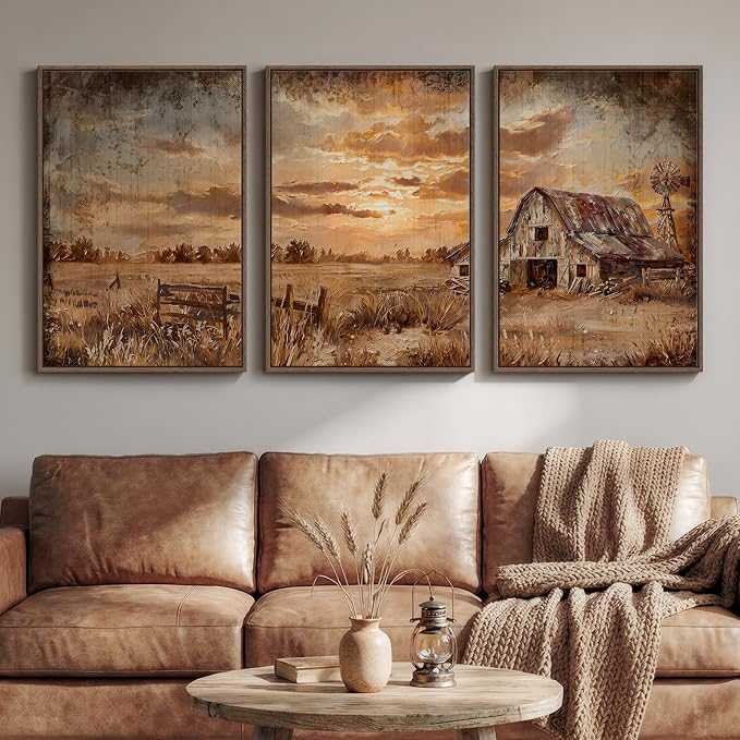 Large Farmhouse Landscape Wall Art for Living Room, Framed Vintage Country Sunset Canvas Prints Set of 3 , Retro Rustic Barn and Field Pictures for Bedroom Dining Room Hallway Office Wall Decor 20x30 Inch