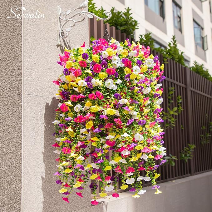 Serwalin Artificial Hanging Flowers for Outdoors UV Resistant, 4PCS Faux Morning Glory Fake Outdoor Flowers Realistic Silk Flower Plants for Outside Planter Front Door Porch Patio Yard Decor