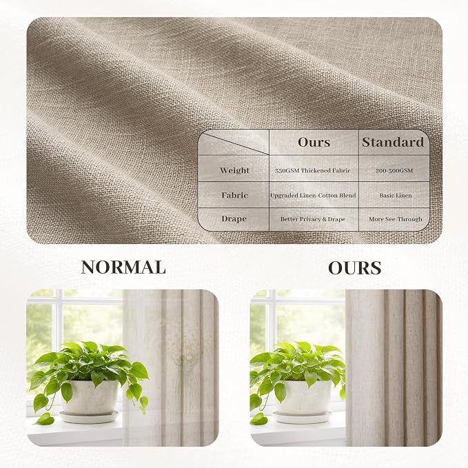 108 inch Pinch Pleated Linen Curtains 2 Panels for Living Room Bedroom Burlap Taupe Burlywood Rustic Farmhouse Back Tab Light Filtering Semi Sheer Memory Trained Pinch Pleat Curtain Drapes for Office