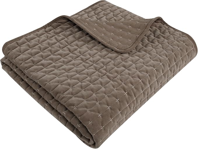 Levtex Home - Velvet Stitch Throw - Quilted Throw (50x60in.) - Velvet - Cocoa, White - Reversible - Polyester