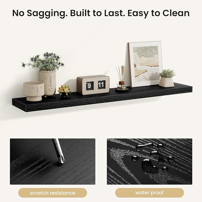 Fun Memories Floating Shelves for Wall, Rustic Wood Wall Mounted Shelves for Bathroom, Bedroom, Living Room & Kitchen, Storage Display Shelves, (Set of 2, Black, 48 in)