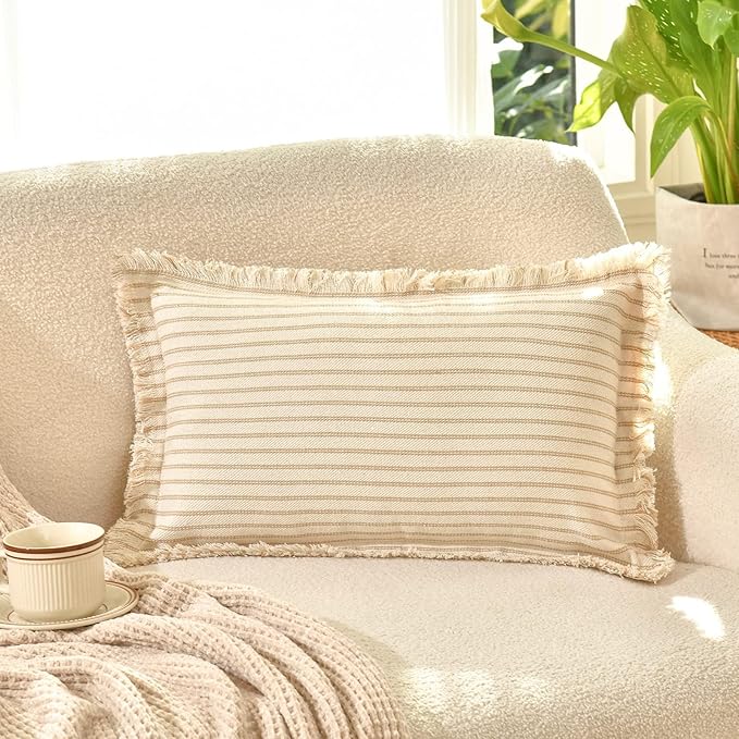 ZWJD Throw Pillow Covers 12x20 Set of 2 Striped Pillow Covers with Fringe Chic Cotton Decorative Pillows Square Cushion Covers for Sofa Couch Bed Living Room Farmhouse Decor, (Khaki)