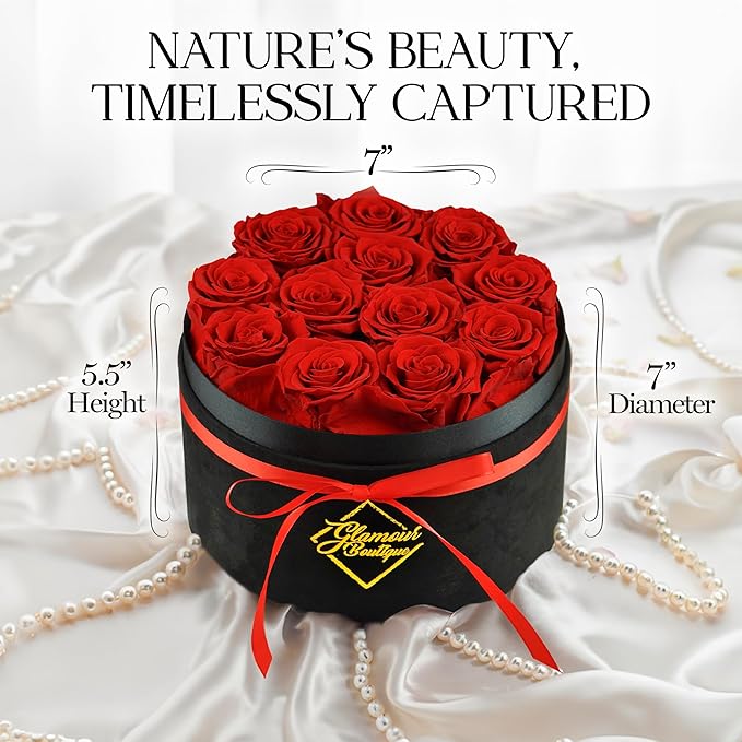 GLAMOUR BOUTIQUE Flowers Forever Gift Box, 12 Real Preserved Roses in Velvet Black Box, Floral Gift for Her, Mom or Wife for Birthday, Mother’s Day, Anniversary or Graduation, Red (Color-Treated)