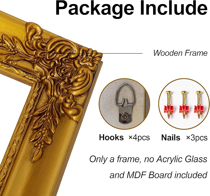 ArtXO Gold 12x16 Picture Frames: Wooden Wall Frames for 12 by 16 Photo Display, Vintage Picture Frames, Ornate Photo Frames 16x12 without Glass and Back
