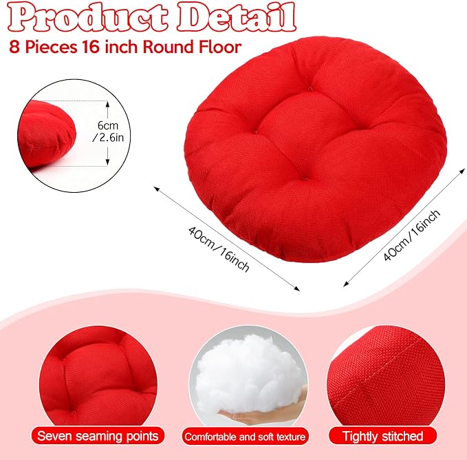 Fumete 8 Pcs 16 Inch Floor Cushions Pillow for Kids Bulk Classroom Round Flexible Seating Floor Cushions for Students Home Daycare School Reading Corner Yoga Meditation Picnic (Red)