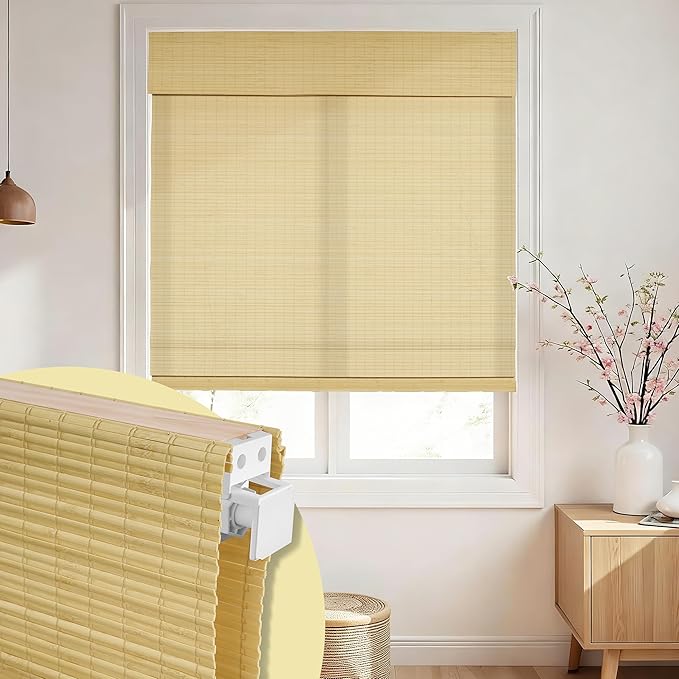 No Drill No Tools Bamboo Roman Shades, Cordless Light Filtering Window Blinds with Valance, Natural Woven Wood Shades for Living Room Dining Room, Privacy Beige, 35" W x 48" H