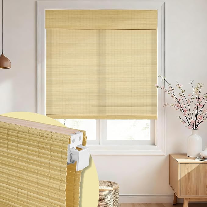 No Drill No Tools Bamboo Roman Shades, Cordless Light Filtering Window Blinds with Valance, Natural Woven Wood Shades for Living Room Dining Room, Privacy Beige, 29.5" W x 48" H