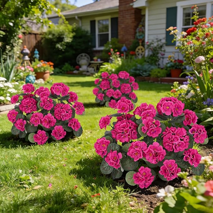 Ouddy Decor Artificial Geranium Flowers for Outdoors, Fake Silk Flowers UV Resistant Faux Geraniums for Vase Planter Garden Patio Balcony Porch Indoor Outdoor Spring Summer Home Decor, 12 Pcs Rose Red