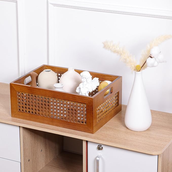Wooden Storage Basket Handmade Rattan Drawer Storage Box with Frame & Handles Decorative Natural Bamboo Woven Bins Rustic Farmhouse Decor Home Office Tabletop Shelf Organizer 15" x 11" x 5.9"