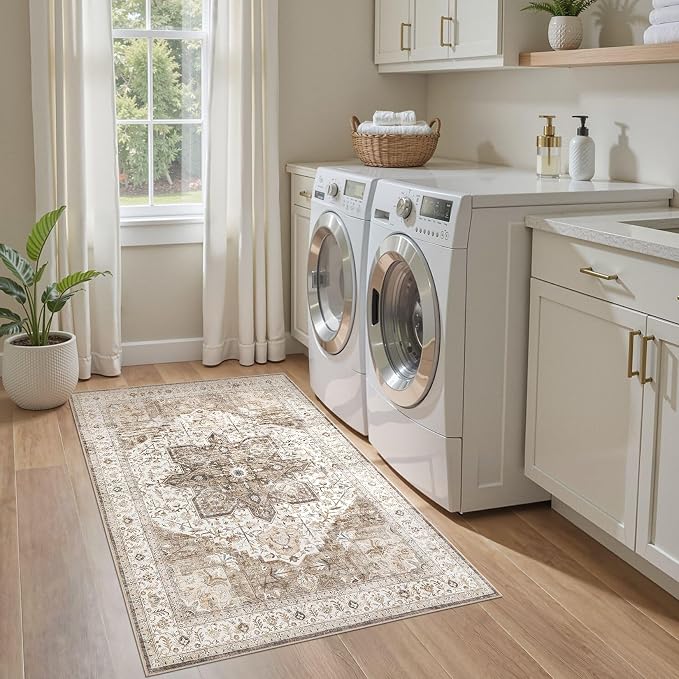 Tortania Area Rug Living Room Rugs - 3x5 Washable Rug Vintage Oriental Distressed Farmhouse Small Thin Indoor Carpet for Living Room Bedroom Under Dining Table Home Office - Brown