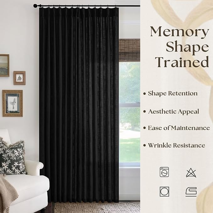 Black Pinch Pleated Linen 108 Inch Curtains 70 Inch Width for Living Room Divider Light Filtering Semi Sheer Extra Wide Patio Curtains Modern Neutral Sliding Door Floor Ceiling Window 70x108 1 Panel