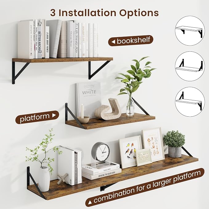 Axeman Deep Floating Shelves | 24 Inch Brown Wall Shelves Set of 2 | 10 Inch Deep Wood Floating Shelves for Wall | 24" W x 10" D Rustic Brown Shelves for Living Room Bathroom Kitchen