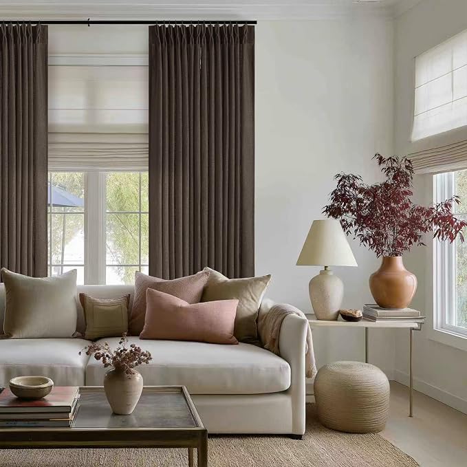 TWODRAPES Dark Chocolate Pinch Pleated Linen Curtains 2 Panels for Living Room Bedroom Memory Training Shaped Semi Sheer Pleat Drapes with Hooks Rings Light Filtering Window Curtain 40x102