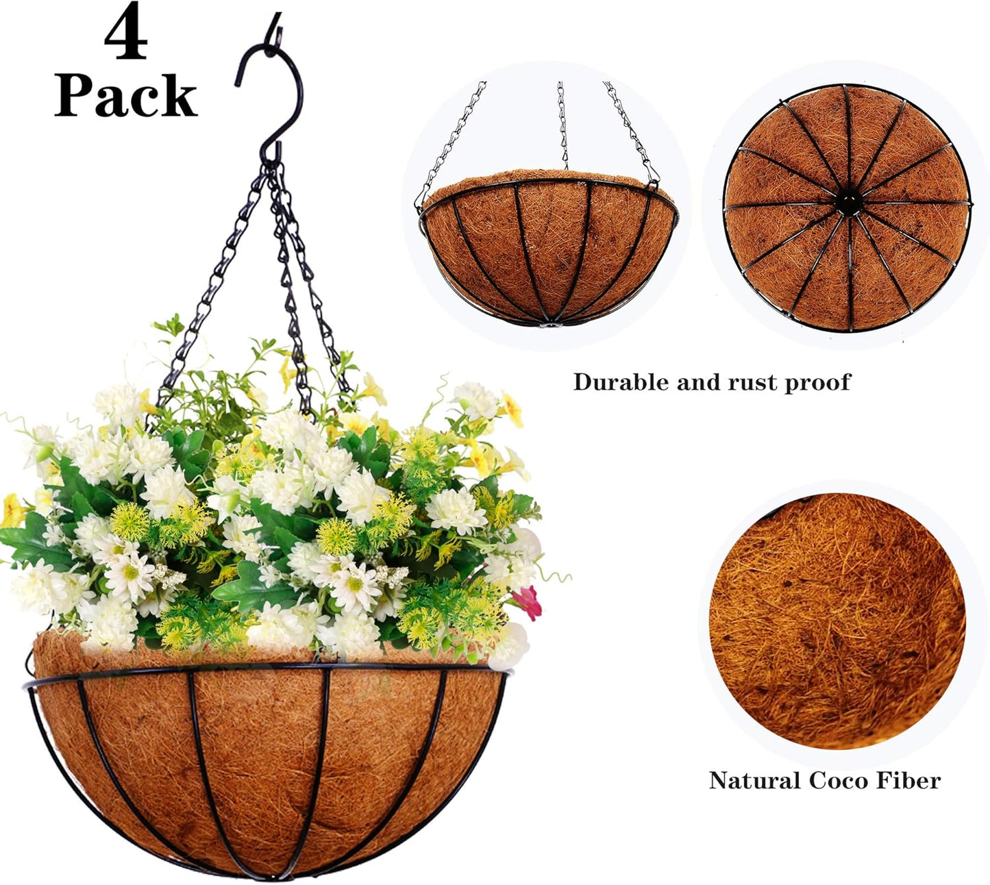 Hanging Baskets for Plants Outdoor(12 inch 4 Pack)- Coconut Coir Hanging Planters Outdoor,Metal Wire Baskets with Coco Liner, Hanging Pots for Plants Indoor, Flower Pots for Railings