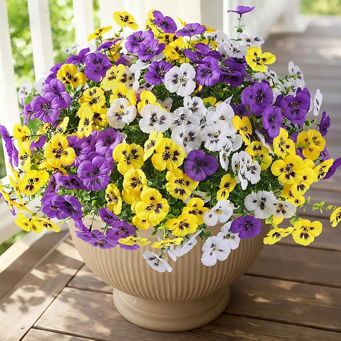 Alupssuc 48 Bundles Artificial Flowers for Outdoors, Fake Spring Flowers for Decoration, UV Resistant Realistic Pansies with Eucalyptus Silk Faux Flowers for Porch Patio Yard, Purple Yellow White