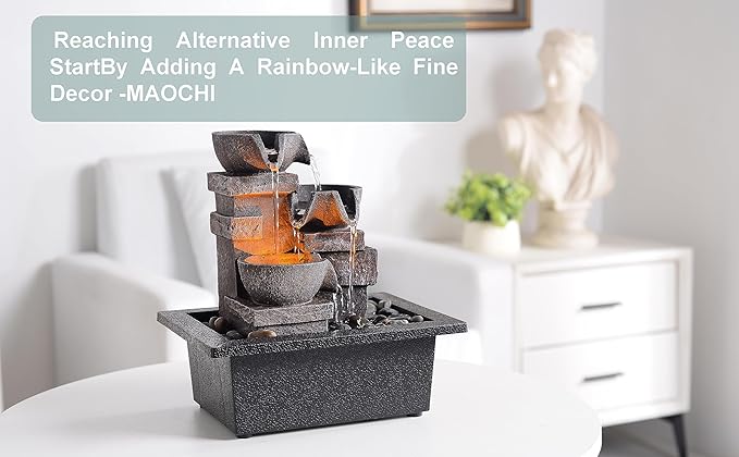 MAOCHI Indoor Fountain 3-Bowl Rockery Soothing Sound Tabletop Fountains Home/Office Decor with Natural River Rocks LED Lights Automatic Watering Pump(22044A)