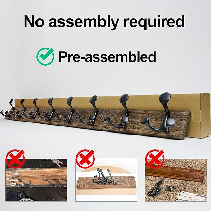 WEBI Coat Rack Wall Mount,24" Solid Wood Coat Hooks Wall Mounted Coat Hanger,16" Hole to Hole,Heavy Duty Hook Rack Rail,4 Triple Hooks for Hanging Coats,Jacket,Clothes,Hat,Weathered Brown,2 Packs