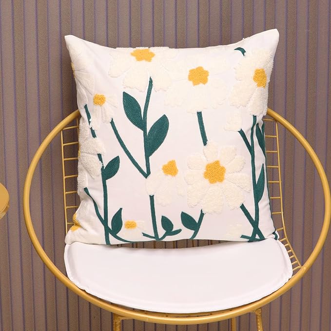 Set of 2 Embroidered Decorative Throw Pillow Covers Couch Square Pillowcases Cushion for Bedroom Sofa Farmhouse Decor 18x18 Inch (Spring Flower)