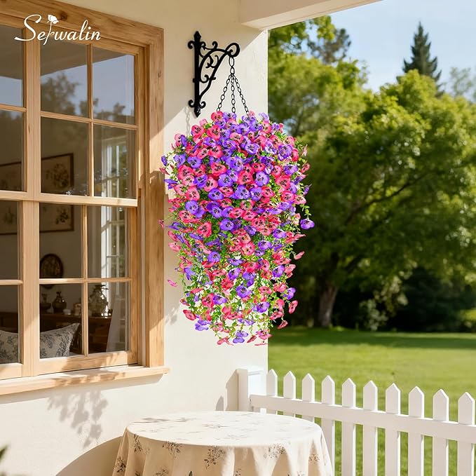 Serwalin Artificial Fake Hanging Flowers for Outdoors Planters,6PCS UV Resistant Faux Pansy Spring Flowers for Outside Porch Patio Garden Window Box (Rose Pink Purple)