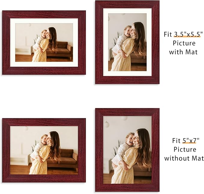 Picrit 5x7 Picture Frame Set of 12, Display 4x6 with Mat or 5x7 without Mat, Photo Frames for Wall Mounting or Table Top Display, Dark Red Wood