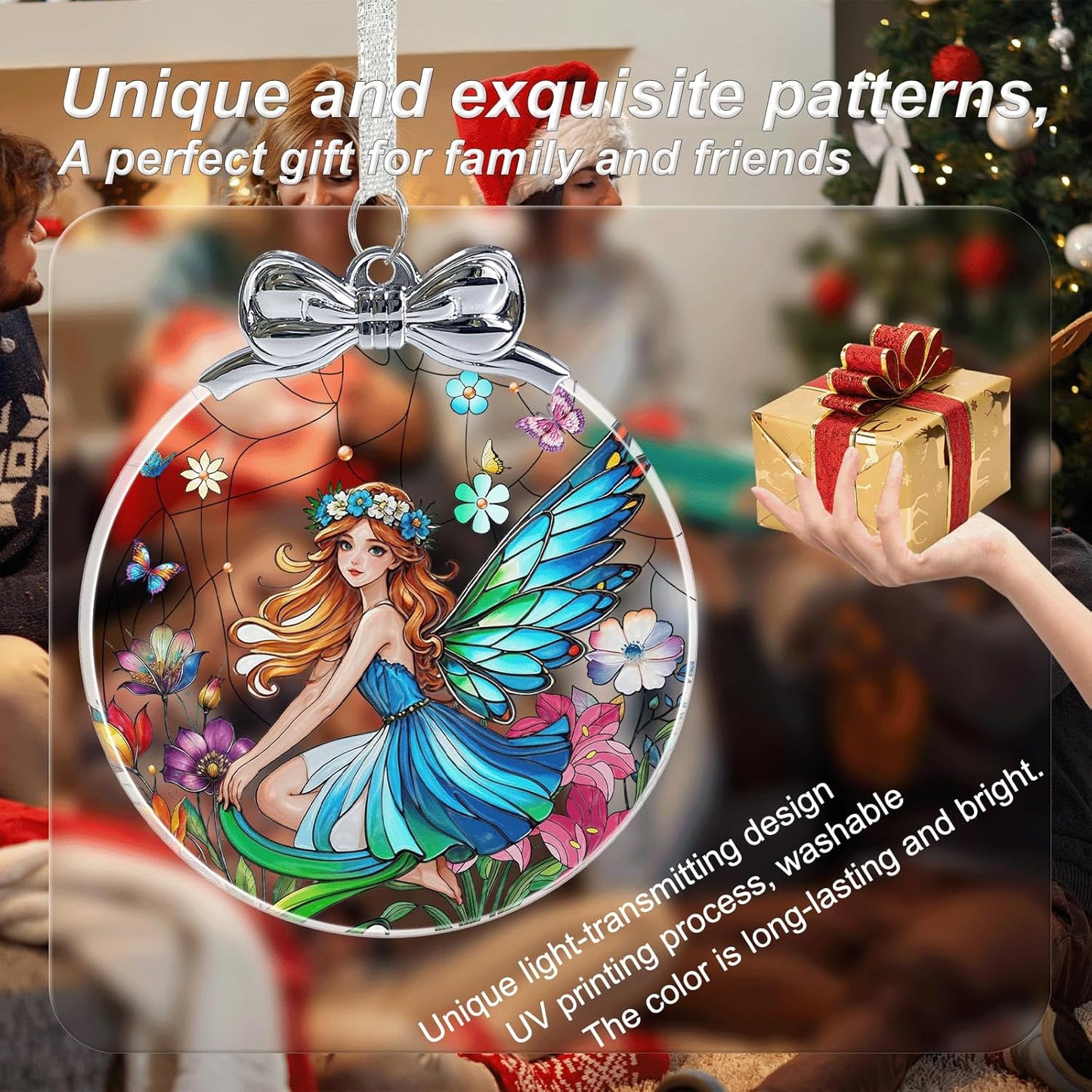 Butterfly Fairy Stained Glass Christmas Ornament - Hanging Ornaments for Christmas Tree Decorations -Holiday Keepsake Present Exchange Idea