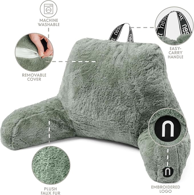 Nestl Fur Reading Pillow with Laptop Lap Desk, Stylish Back Pillow for Sitting Up, Lap Desk with Reading Pillows for Sitting in Bed Adult & Kids, Faux Fur Chair Pillow with Arms - Sage Green