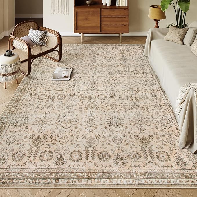 Lahome Tan Beige Area Rug, Distressed Boho 8x10 Rugs for Living Room | Machine Washable Soft Non Slip Room Carpet for Office Apartment Nursery