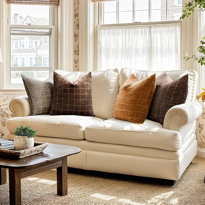 MIULEE Decorative Chenille Check Throw Pillow Covers Vintage Plaid Couch Pillows 20x20 Inch Set of 2 Neutral Boho Farmhouse Cushion Covers Modern Spring Home Decor for Sofa Bed Living Room Bronze