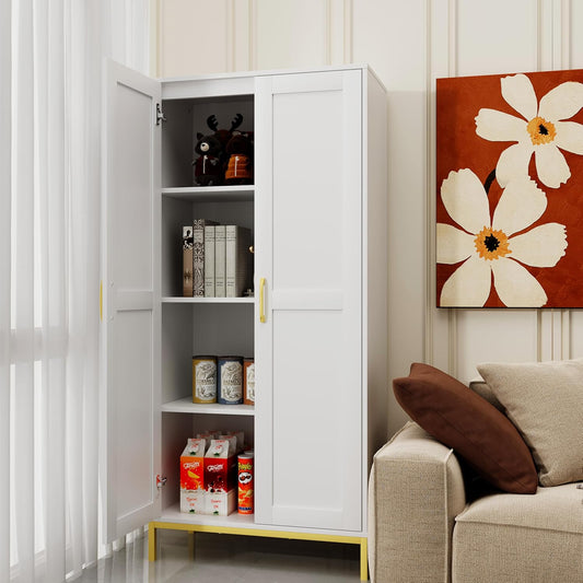Tall Storage Cabinet, Kitchen Pantry Cabinet with 2 Doors & Adjustable Shelves for Laundry Room, Living Room, Entryway,Bathroom,White